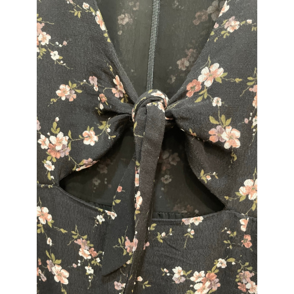 Bardot Black Dark Floral Tie Front Mini Dress 10 Large Grunge Cottage Romantic - Picture 3 of 9
